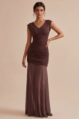 Brown V-Neck Ruched Long Mermaid Formal Dress