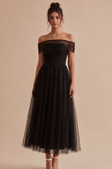 Black Off the Shoulder A Line Long Formal Dress