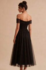 Black Off the Shoulder A Line Long Formal Dress