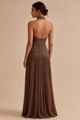 Dark Coffee Halter Pleated Long A Line Backless Formal Dress