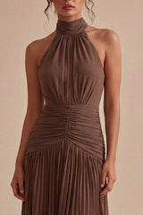 Dark Coffee Halter Pleated Long A Line Backless Formal Dress