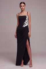 Black Square Neck Floral Mermaid Long Formal Dress with Slit