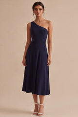 Navy One Shoulder A Line Long Formal Dress