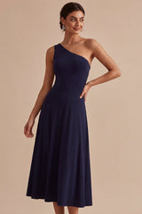 Navy One Shoulder A Line Long Formal Dress