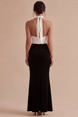 Black and White Halter Keyhole Backless Long Mermaid Formal Dress with Slit