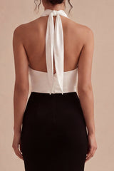 Black and White Halter Keyhole Backless Long Mermaid Formal Dress with Slit