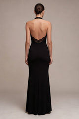 Black Halter Backless Mermaid Long Formal Dress with Lace