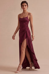Burgundy Ruffled Spaghetti Straps Mermaid Long Formal Dress with Slit