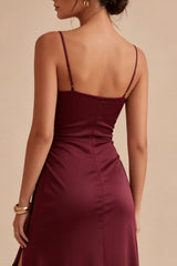 Burgundy Ruffled Spaghetti Straps Mermaid Long Formal Dress with Slit