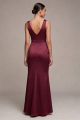 Burgundy Mermaid Corset Satin Formal Dress with Slit