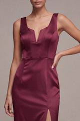 Burgundy Mermaid Corset Satin Formal Dress with Slit
