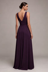 Plum A Line V Neck Ruched Formal Dress with Rhinestone