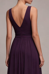 Plum A Line V Neck Ruched Formal Dress with Rhinestone