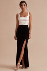 Mermaid Black and White Colorblock Square Neck Formal Dress with Slit