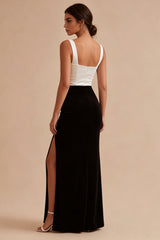Mermaid Black and White Colorblock Square Neck Formal Dress with Slit